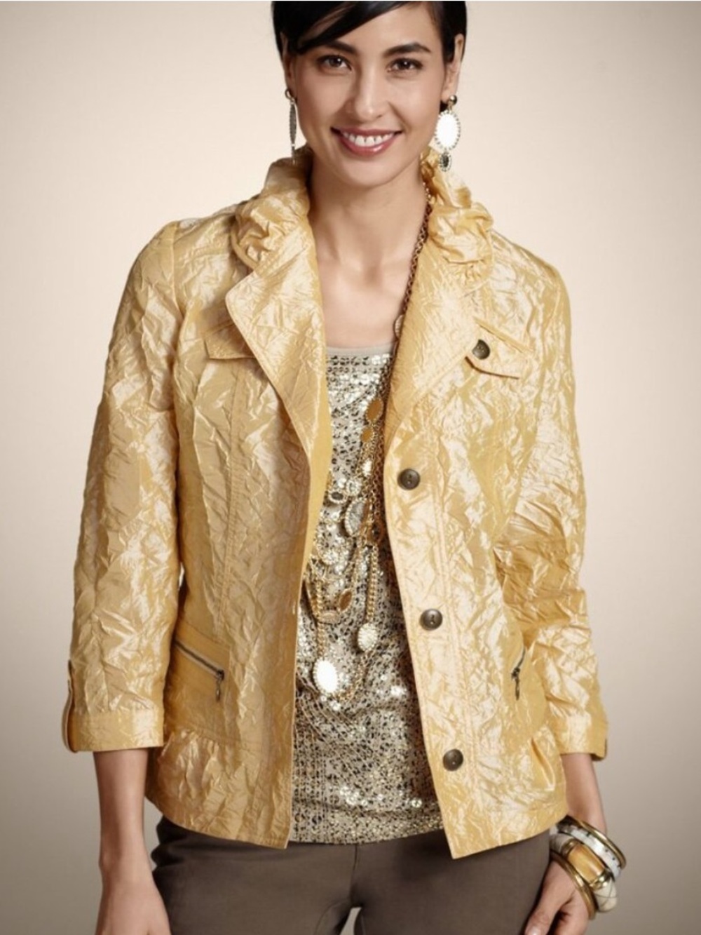 Chico's Crinkle Sheen Shaya Jacket Yellow Gold Blazer 3/4 Sleeve Size 0 / Small